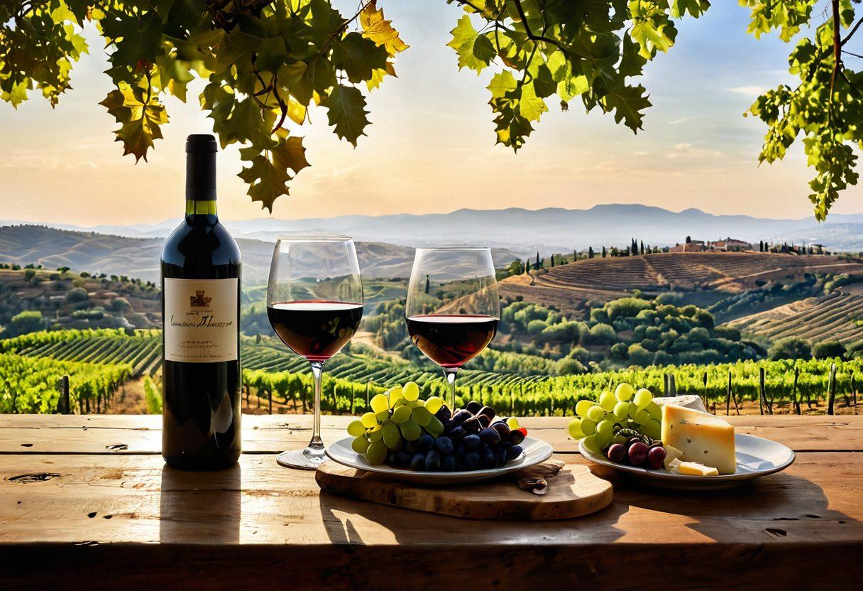 A scenic vineyard in Turkey, with lush green grapevines stretching into the horizon, golden sunlight illuminating the landscape. A wine glass filled with rich, velvety red wine sits elegantly on a rustic wooden table, surrounded by local cheese and olives. In the background, rolling hills and ancient ruins subtly visible to represent Turkey’s cultural heritage. A couple enjoys a tasting experience, laughing and toasting together. vibrant colors. super-realistic.