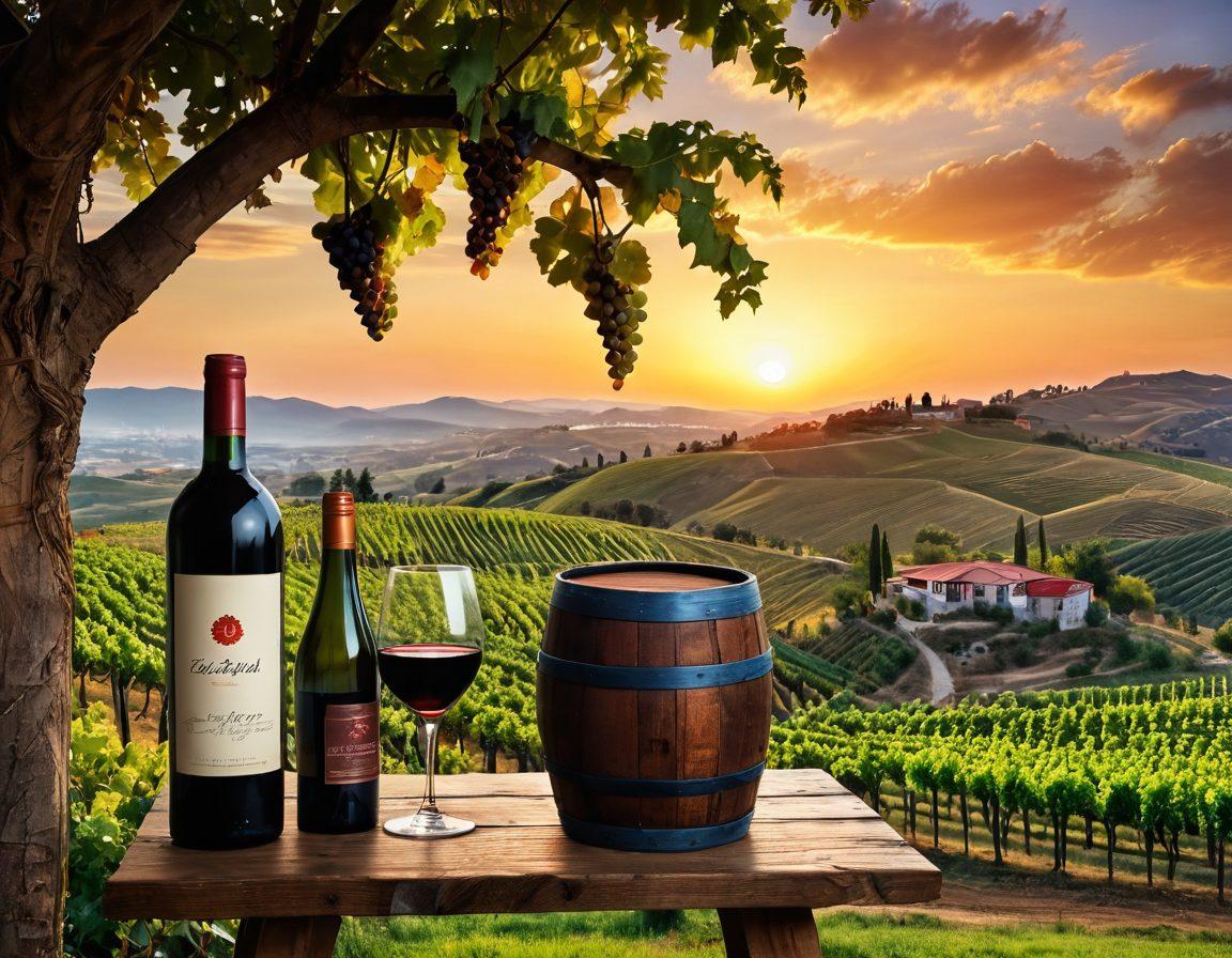 A picturesque vineyard in Turkey, with lush grapevines stretching towards the horizon under a golden sunset. Include a rustic wooden wine barrel and a glass of red wine perched on a wooden table, showcasing the rich color and texture. In the background, hint at traditional Turkish architecture and rolling hills, creating a warm, inviting atmosphere. Make it vibrant and captivating, reflecting the rich heritage of Turkish wine-making. super-realistic. vibrant colors.