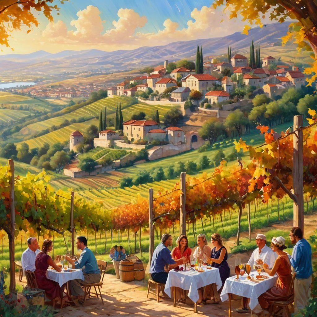 A picturesque vineyard set in the rolling hills of Turkey, showcasing lush grapevines bathed in golden sunlight. In the foreground, a diverse group of people enjoying a wine tasting, laughing and savoring local wines. Background includes a vibrant wine festival with colorful stalls, traditional music, and cultural performances. A scenic view of historic Turkish architecture in the distance adds depth. painting. warm colors. vivid details.